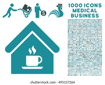 Cafe House icon with 1000 medical business soft blue vector design elements. Set style is flat bicolor symbols, white background.