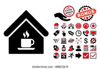 Cafe House icon with bonus elements. Vector illustration style is flat iconic bicolor symbols, intensive red and black colors, white background.