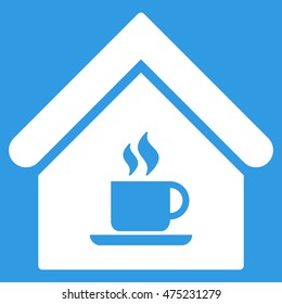 Cafe House icon. Vector style is flat iconic symbol, white color, blue background.