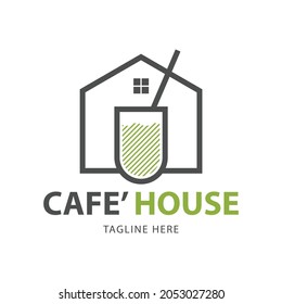 Cafe House logo template design. home line design and a cup of tea. Vector line art icon template