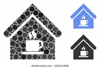 Cafe house mosaic of small circles in various sizes and color tints, based on cafe house icon. Vector small circles are organized into blue mosaic. Dotted cafe house icon in usual and blue versions.