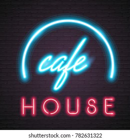Cafe House Neon Light Glowing Illustration Blue and Red Light Bright Night Sign, Night Advertisement of Cafe House