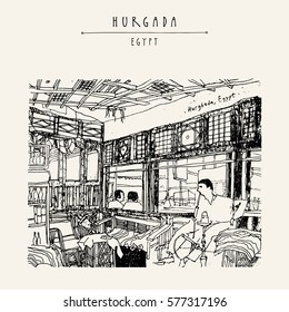 Cafe in Hurghada, Egypt, North Africa. Man smoking shisha (hookah). Bamboo furniture, wooden interior. Hand-drawn vintage book illustration, postcard or poster template in vector