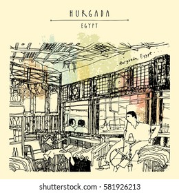 Cafe in Hurghada, Egypt, North Africa. Man smoking shisha (hookah). Bamboo furniture, wooden interior. Hand-drawn vintage book illustration, postcard or poster template in vector