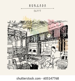 Cafe in Hurghada, Egypt, North Africa. Man smoking shisha (hookah). Bamboo furniture, wooden interior. Hand-drawn vintage book illustration, postcard or poster in vector