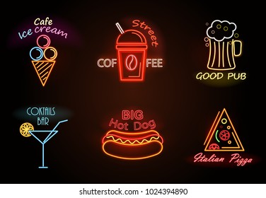 Cafe ice cream and street coffee, good pub and cocktails bar, hot dog and Italian pizza slice, neon signs collection isolated on vector illustration