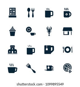 Cafe icon. collection of 16 cafe filled icons such as plate fork and spoon, dish, coffee, tea, ice cream in can, tea cup, pizza, menu. editable cafe icons for web and mobile.