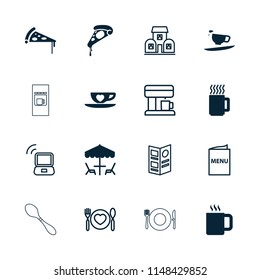 Cafe icon. collection of 16 cafe filled and outline icons such as pizza, cup with heart, mug, table under umbrella, menu, building. editable cafe icons for web and mobile.
