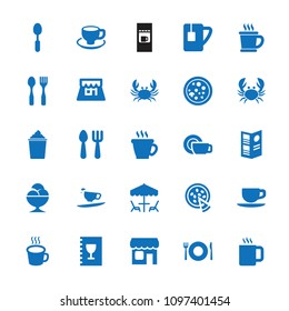 Cafe icon. collection of 25 cafe filled icons such as plate fork and spoon, crab, fork and spoon, coffee, coffee cup, spoon, tea cup. editable cafe icons for web and mobile.