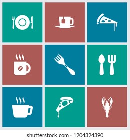 Cafe icon. collection of 9 cafe filled icons such as crab, fork and spoon, coffee, tea, pizza, plate fork and spoon. editable cafe icons for web and mobile.