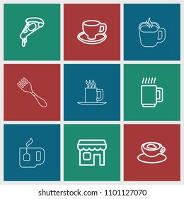 Cafe icon. collection of 9 cafe outline icons such as pizza, coffee cup, cup with heart, shop, mug. editable cafe icons for web and mobile.