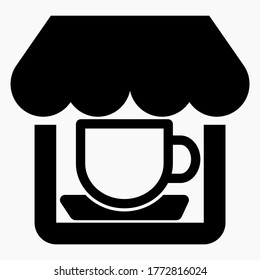 Cafe Icon. Cup of tea and a shop. Resting-place. Illustration of a restaurant. Coffee House. Vector icon.