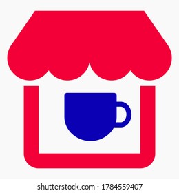 Cafe Icon. Cup of tea and a shop. Resting-place. Illustration of a restaurant. Coffee House. Vector icon.