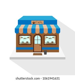 Cafe icon with long flat shadow on white background. Cafe facade, commercial building. Vector illustration, EPS10.