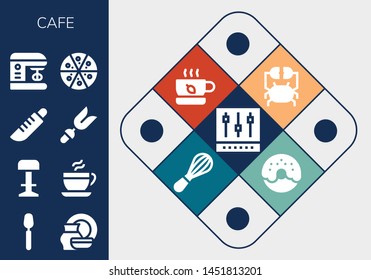 cafe icon set. 13 filled cafe icons.  Collection Of - Mixer, Spoon, Porcelain, Stool, Coffee, Knife, Fork, Pizza, Crab, Tea, Donut