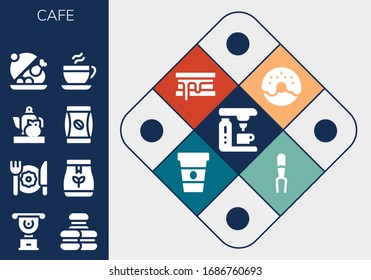 cafe icon set. 13 filled cafe icons. Included Coffee machine, Cup, Macaron, Breakfast, Tea bag, Teapot, Coffee bag, Salver, Coffee, Donut, Smore, Fork icons