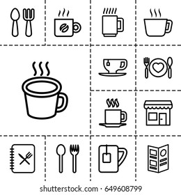Cafe icon. set of 13 outline cafe icons such as fork and spoon, tea cup, plate with spoon and fork, cup, menu, coffee, store, mug
