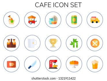 cafe icon set. 15 flat cafe icons.  Collection Of - beer, food cart, hot drink, porcelain, cup, sugar cane, food truck, restaurant, coffee cup, knife, coffee machine, baguette