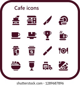  cafe icon set. 16 filled cafe icons. Simple modern icons about  - Coffee grinder, Coffee maker, Knife, Porcelain, Coffee cup, Cup, Tea, Take away, Fork, Salad, Ice cream van