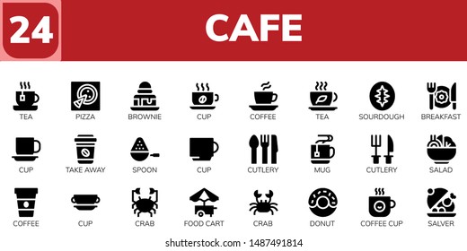 cafe icon set. 24 filled cafe icons.  Collection Of - Tea, Pizza, Brownie, Cup, Coffee, Sourdough, Breakfast, Take away, Spoon, Cutlery, Mug, Salad, Crab, Food cart, Donut, Coffee cup