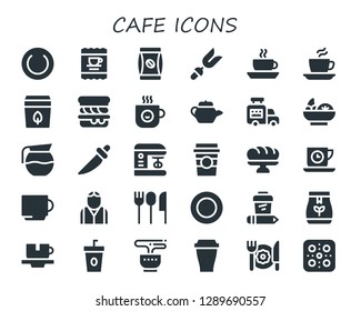  cafe icon set. 30 filled cafe icons. Simple modern icons about  - Plate, Coffee, Coffee bag, Fork, Tea bag, Scone, Coffee cup, Tea pot, Ice cream van, Salad, Coffee pot, Knife
