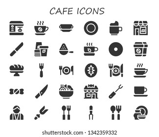 cafe icon set. 30 filled cafe icons.  Collection Of - Mixer, Coffee, Cup, Plate, Coffee shop, Knife, Paper cup, Spoon, Tea, Donut, Baguette, Fork, Sourdough, Breakfast, Candy shop