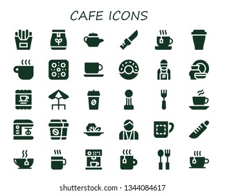 cafe icon set. 30 filled cafe icons.  Collection Of - French fries, Tea bag, Tea pot, Knife, Tea, Cup, Coffee cup, Pizza, Donut, Barista, Porcelain, Coffee, Terrace, Fork, Mixer