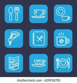 Cafe icon. set of 9 outline cafe icons such as spoon and fork, dish, pizza, tea cup, plate with spoon and fork, cup with heart, menu