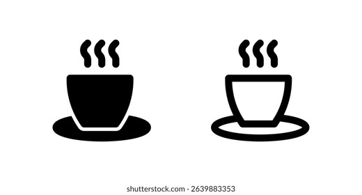 Cafe Icon Set. A black glyph and outline icon of a coffee cup, representing cafe or dining services.