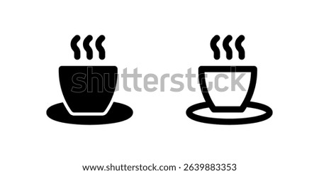 Cafe Icon Set. A black glyph and outline icon of a coffee cup, representing cafe or dining services.
