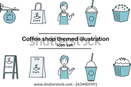 Cafe icon set in blue tone with smiling staff, takeaway bags, frappuccino drinks, cupcakes, and signage – vector illustration on white background