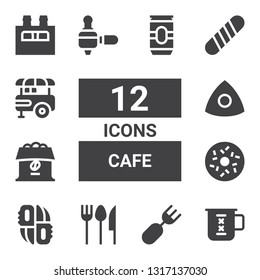 cafe icon set. Collection of 12 filled cafe icons included Cup, Fork, Cutlery, Knifes, Doughnut, Coffee, Chalk, Coffee maker, Baguette, Food stand, Beer