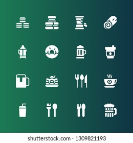 cafe icon set. Collection of 16 filled cafe icons included Beer, Cutlery, Utensils, Drink, Coffee, Brownie, Donut, Cinnamon roll, Macarons