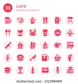 cafe icon set. Collection of 30 filled cafe icons included Beer, Pizza, French press, Cutlery, Coffee, Crab, Donut, Knife, Tea, Bakery shop, Latte, Stool, Macaron, Food stand
