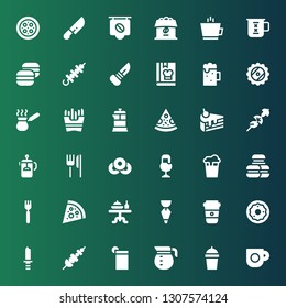 cafe icon set. Collection of 36 filled cafe icons included Coffee cup, Coffee, Coffee pot, Drink, Skewer, Knife, Donut, Pastry bag, Dinner table, Pizza, Fork, Macarons, Beer, Doughnut