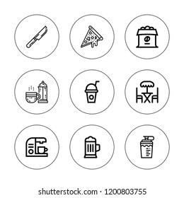 Cafe icon set. collection of 9 outline cafe icons with beer, coffee maker, coffee, drink, knife, pizza icons. editable icons.