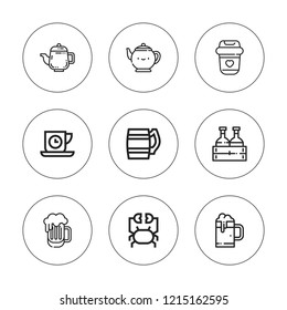 Cafe icon set. collection of 9 outline cafe icons with beer, coffee, crab, teapot icons. editable icons.