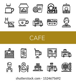 cafe icon set. Collection of Coffee cup, Knife, Restaurant, Paper cup, Food truck, Bartender, Salad, Cookie jar, Catering, Ice cream shop, Barista, Cold coffee, Latte, Buffet icons