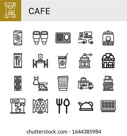 cafe icon set. Collection of Coffee machine, Cold coffee, Pastry, Meal, Drive thru, Cookie jar, Cutlery, Reservation, Coffee grinder, shop, Donut, Knife, Paper cup icons
