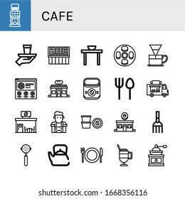 cafe icon set. Collection of Coffee grinder, Serve, Buffet, Dinner table, Cheesecake, Dripper, Pizza, Bakery, Instant coffee, Cutlery, Food truck, Coffee shop, Barista, capsule icons