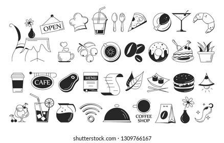 Cafe icon set. Drink and food symbol for restaurant menu. Plate and mug sign. Isolated flat vector illustration