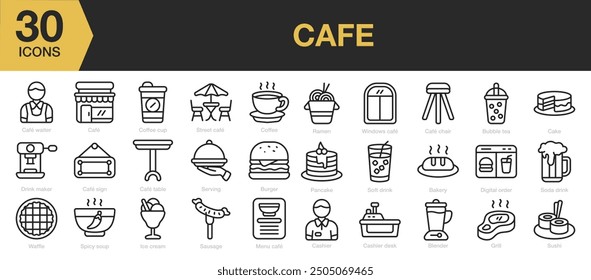 Cafe icon set. Includes waiter, coffee, cashier, drink maker and More. Outline icons vector collection.