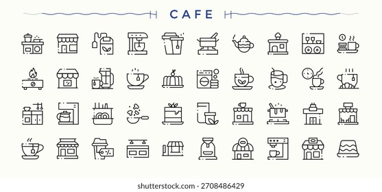 Conjunto de iconos de café. Iconos de interfaz de usuario establecidos en un estilo delgado. Arte vectorial editable. Conjunto de iconos de la tienda de alimentos. Contiene símbolos tales como mesa, bebida, tienda, cocinero, comida, cafés y más.