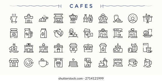 Conjunto de iconos de café. Paquete de iconos web. Contiene letrero lineal cocina, cocinero, tienda, cafés. Colecciones de trazo editables. Conjunto de iconos de cafetería.