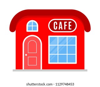 Cafe icon, symbol.  Facade of the building is in a flat or cartoon style. Sign of the house is red color. Stylish colour image. Vector illustration isolated on white background.
