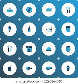 Cafe icons colored set with cafeteria, alcohol, chicken and other bottle elements. Isolated vector illustration cafe icons.