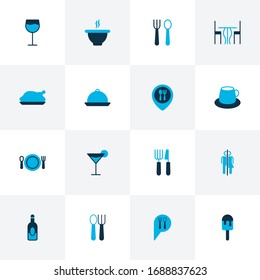 Cafe icons colored set with cocktail, soup, restaurant and other cafe elements. Isolated vector illustration cafe icons.