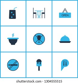 Cafe icons colored set with no drinking, soup, no smoking and other cigarette forbidden elements. Isolated vector illustration cafe icons.