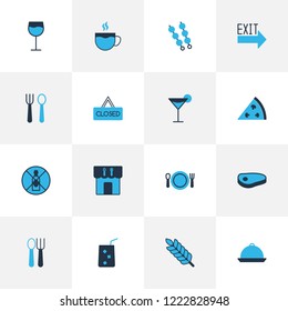 Cafe icons colored set with restaurant, closed, exit sign and other cabernet elements. Isolated vector illustration cafe icons.