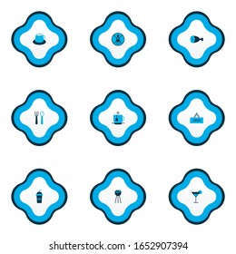 Cafe icons colored set with silverware, bbq, coffee cup and other drink forbidden elements. Isolated vector illustration cafe icons.